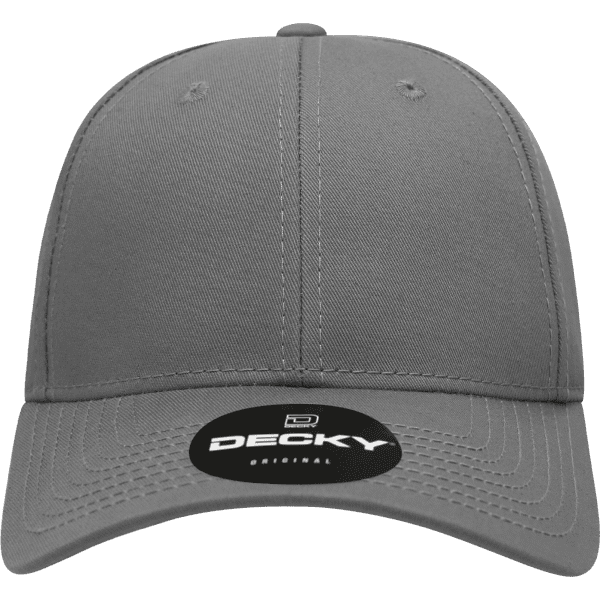A grey 6 panel low profile structured cap with a round logo on the front.