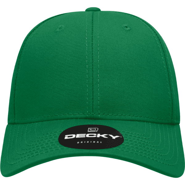 A green 6 panel low profile structured cap with a rounded crown and a branded logo on the front.