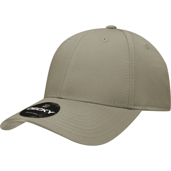 A beige 6 panel low profile cotton cap with an attached tag, featuring a logo.