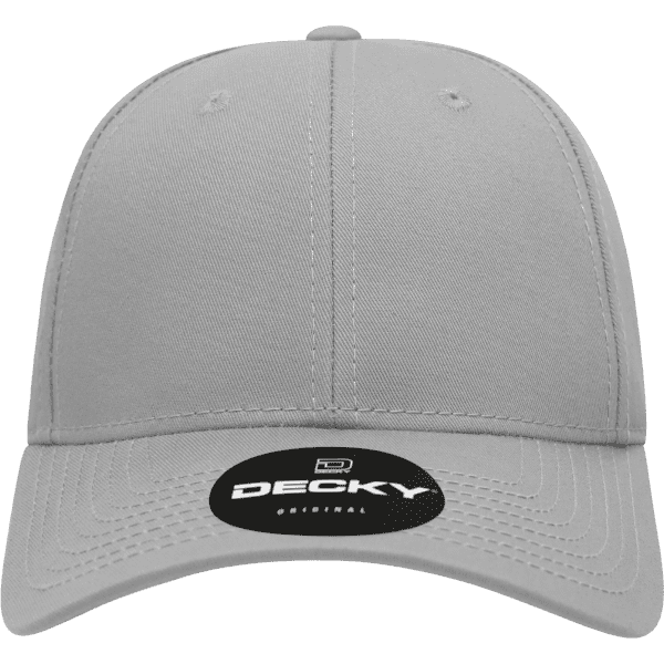 A grey 6 panel low profile structured cap with a curved brim and a logo on the front.