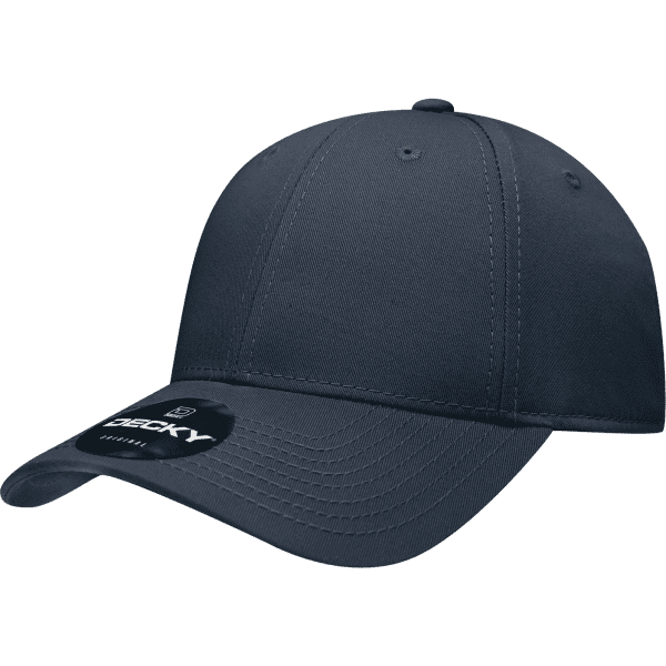 A navy blue six-panel low profile cotton cap featuring a tag and a logo on the front.