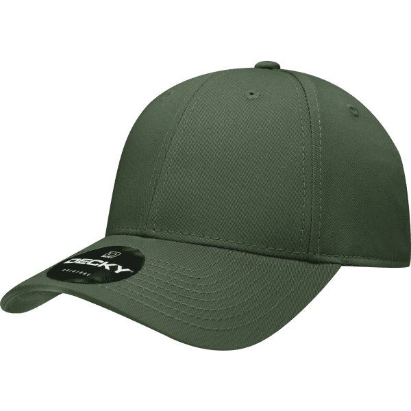 A low-profile six-panel cotton cap in olive green, featuring a tag and a logo.
