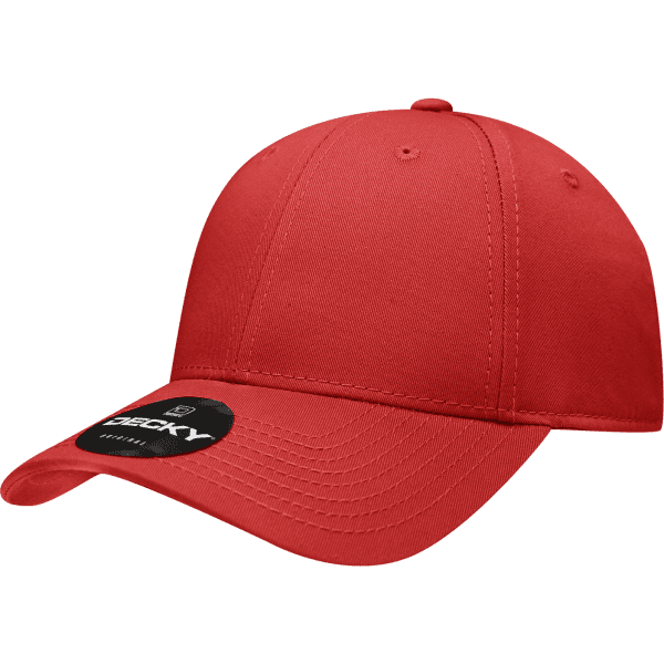A red 6 panel low profile cotton cap featuring a tag and a logo.
