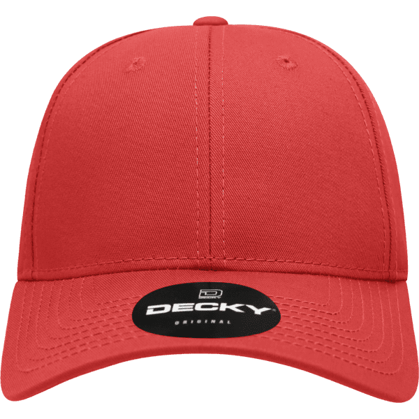 A red 6 panel low profile structured cap with a logo on the front.