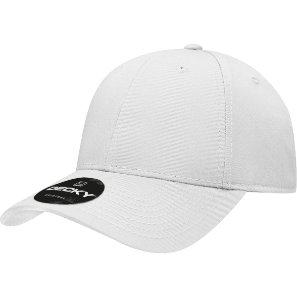 A white 6 panel low profile cotton cap with a tag and an embroidered logo on the front.
