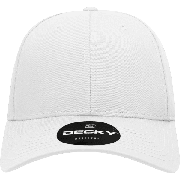 A white six-panel low profile structured cap with a logo on the front.