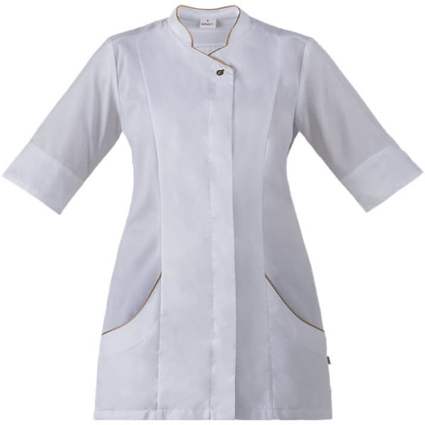 Atena Tunic in white with contrasting trim, featuring a button closure and three-quarter sleeves, includes pockets.