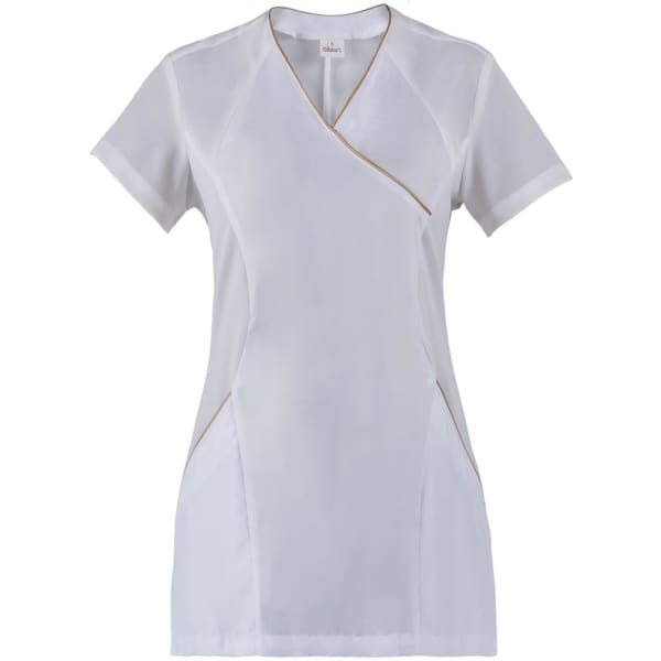 A white tunic top with a crossover design and contrasting trim, featuring short sleeves and side pockets.