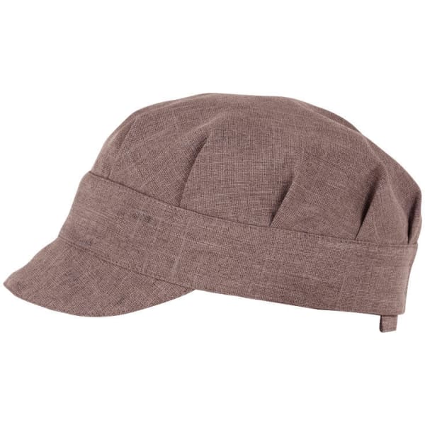 A brown Tommy Hat with a flat brim and pleated design, featuring a logo on the side.