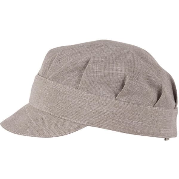 A grey hat with a flat visor and pleated detailing, featuring a logo on the side.