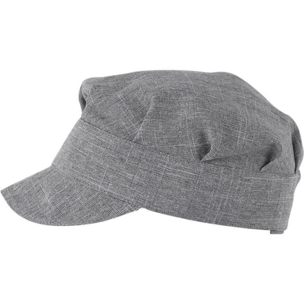 A grey Tommy Hat with a structured design and a wide, curved brim. It features a branding logo.