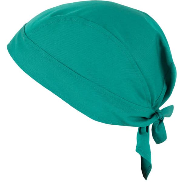 A teal bandana with a tied bow at the back, made of soft fabric and featuring a logo.