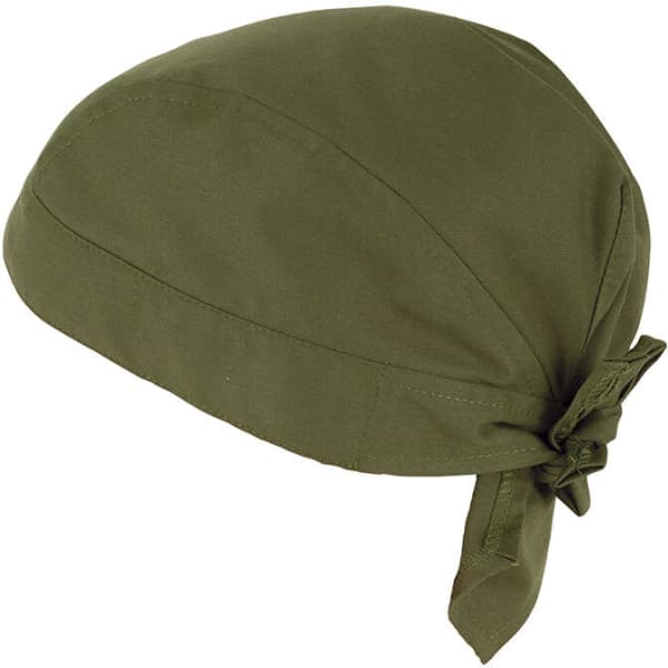An olive green bandana-style headwear with a tied back design. It has a smooth texture and a simple shape.