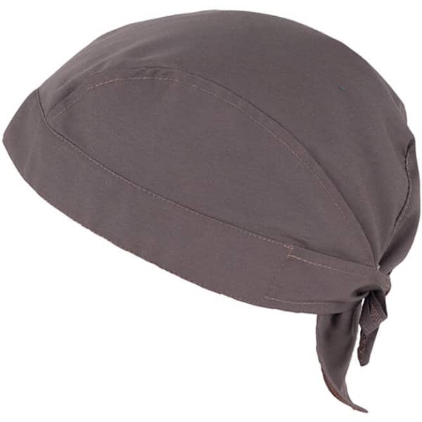 A grey bandana with a tied back design, featuring a logo on the fabric.