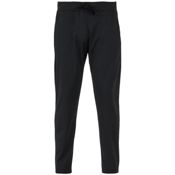 A pair of black pants with a drawstring waistband and tapered legs, featuring a logo.