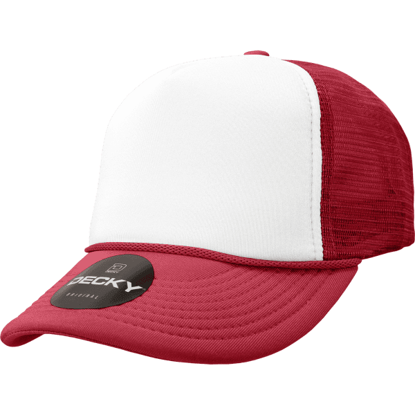 A red and white 5 Panel Mid Pro Foam Trucker cap with a logo on the front.