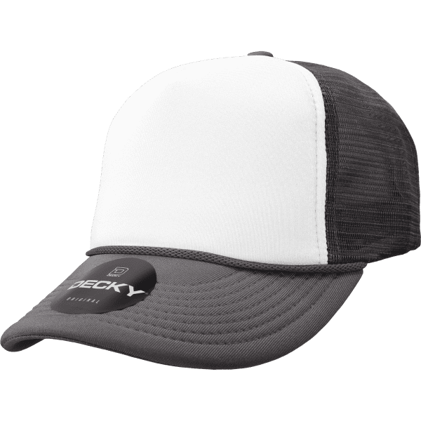 A grey and white 5 Panel Mid Pro Foam Trucker cap with a logo on the front.
