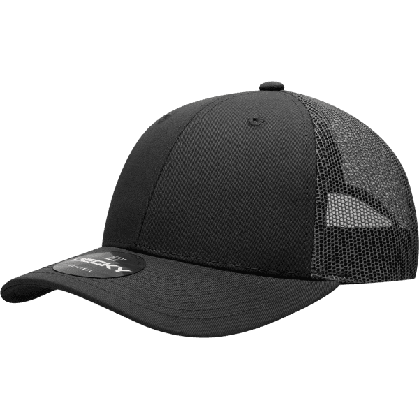 A low-profile structured trucker cap in black with a mesh back and a circular logo.
