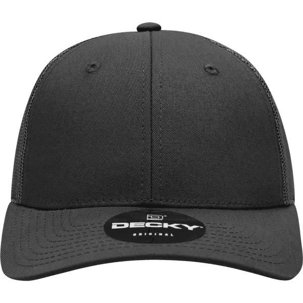 A 6-panel low profile structured trucker cap in black with a logo on the front.