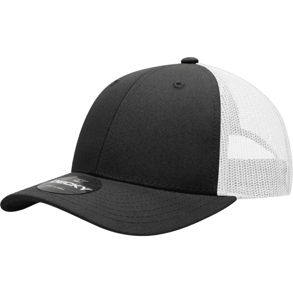 A black and white 6 Panel Low Pro Cotton Trucker hat with a mesh back and a logo.