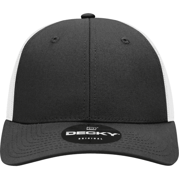 A black and white 6-panel low profile structured trucker cap featuring a logo on the front.