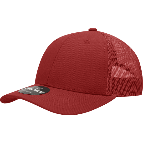A red 6 Panel Low Pro Cotton Trucker cap with a mesh back and a logo on the front.
