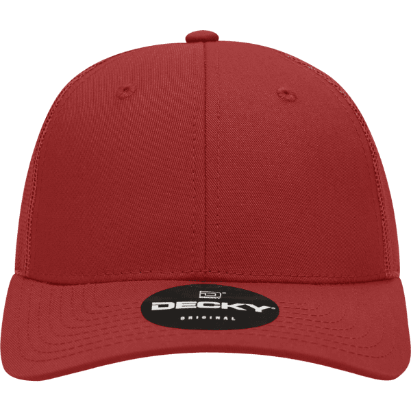 A red 6 panel low profile structured trucker cap with a branded patch on the front.