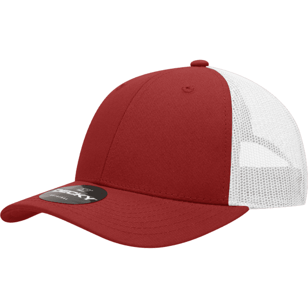 A maroon low-profile cotton trucker cap with a white mesh back and a logo on the front.