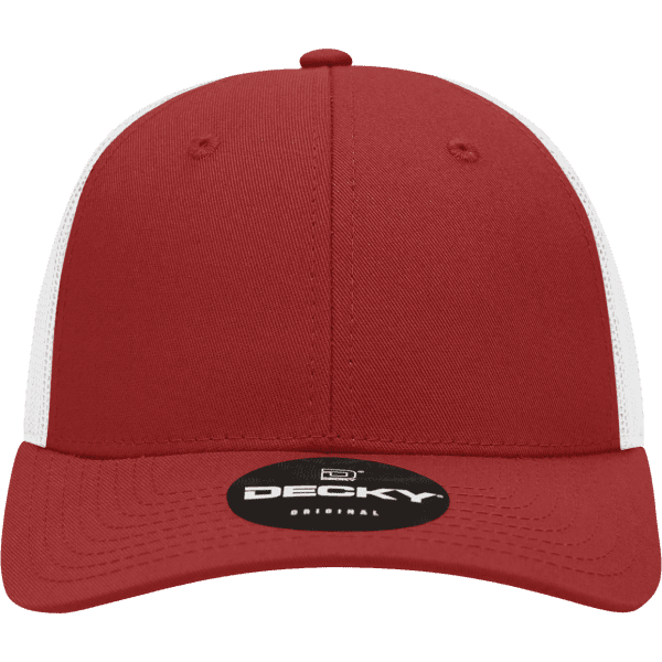 A red and white 6-panel low profile structured trucker cap with a logo on the front.