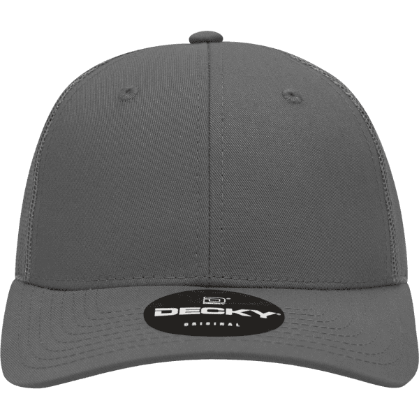 A grey 6 Panel Low Profile Structured Trucker cap featuring a logo on the front.