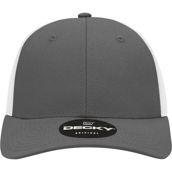 A grey 6-panel low profile structured trucker cap with a white mesh back and a logo on the front.