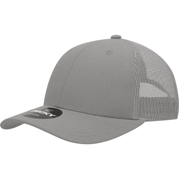 A grey 6-panel low profile cotton trucker hat with a mesh back and a logo on the front.