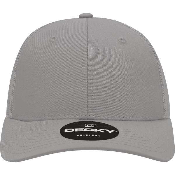 A grey 6-panel low profile structured trucker cap with a branded logo on the front.