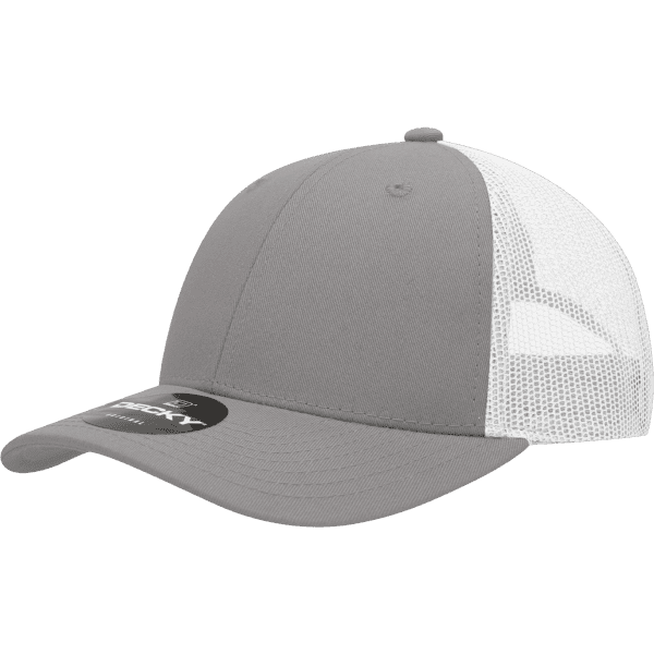 A grey cotton trucker cap with a white mesh back and a logo on the front.