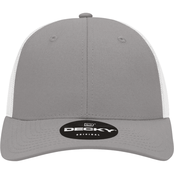 A grey low profile structured trucker cap with white mesh sides and a branded logo on the front.
