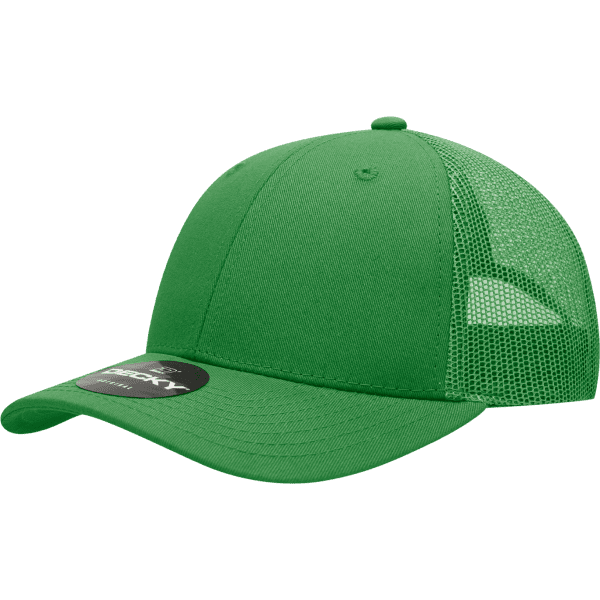 A green 6-panel low profile cotton trucker cap with a mesh back and logo.