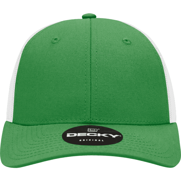 A green low-profile structured trucker cap with white panels and a branded logo on the front.