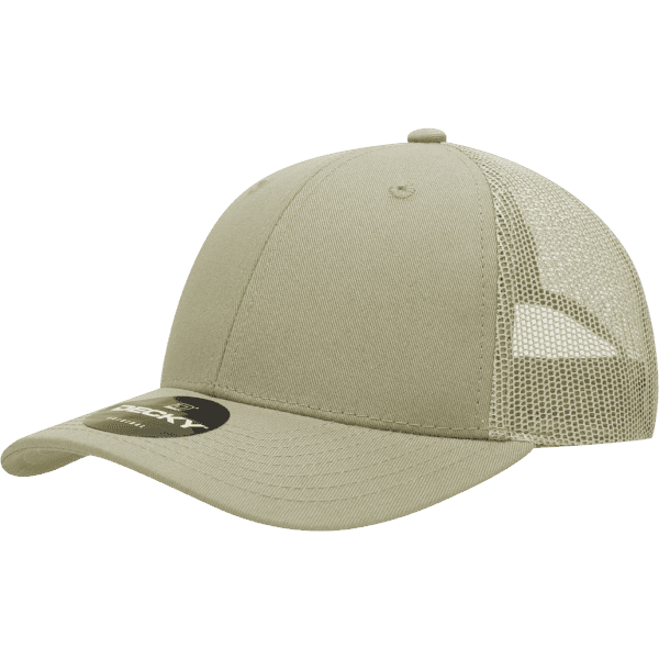 A beige 6 panel low profile cotton trucker hat with a mesh back and a logo on the front.