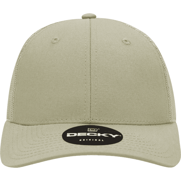 A beige 6-panel low profile structured trucker cap with a logo on the front.