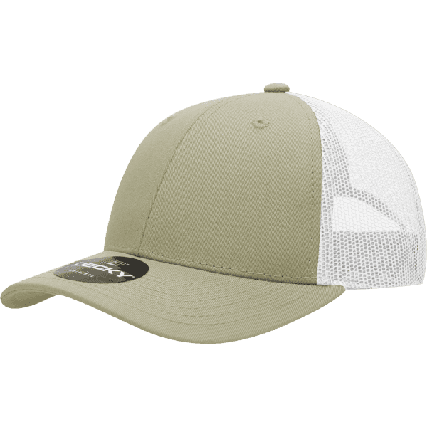 A khaki six-panel low profile cotton trucker cap with a white mesh back and a logo on the front.