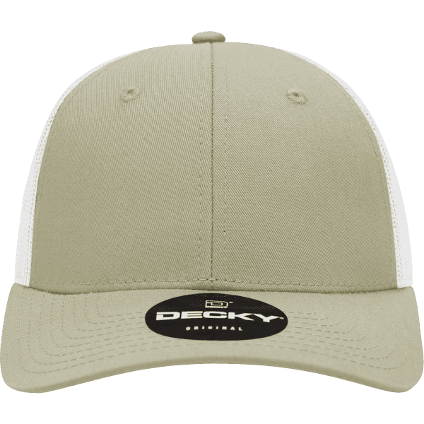 A low-profile structured trucker cap in muted khaki with white mesh panels and a logo on the front.