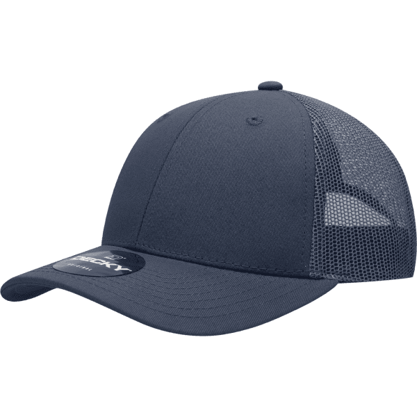 A navy blue 6 panel low profile cotton trucker cap with a mesh back and a logo.