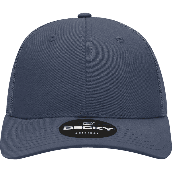A navy blue 6-panel low profile structured trucker cap with a logo on the front.