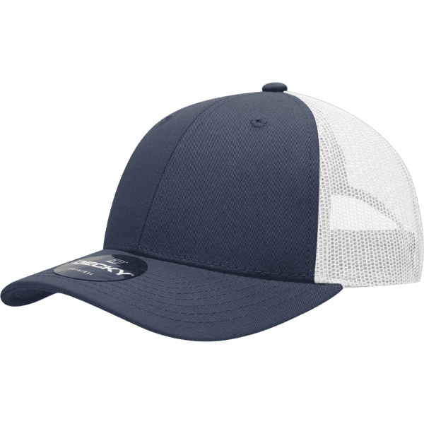 A navy blue and white 6-panel low profile cotton trucker cap featuring a mesh back and a logo.