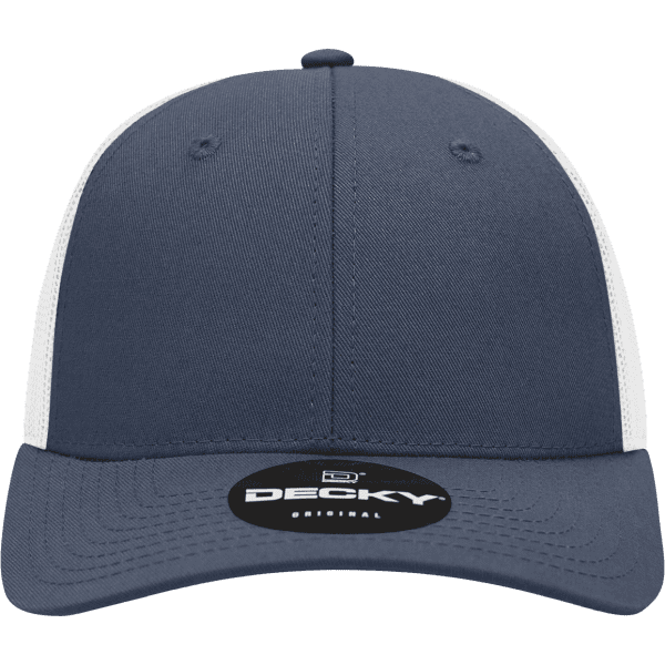 A navy blue and white structured trucker cap featuring a round logo on the front.