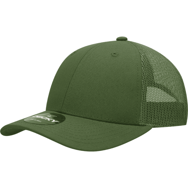 A low-profile cotton trucker cap in olive green with mesh back and a logo.
