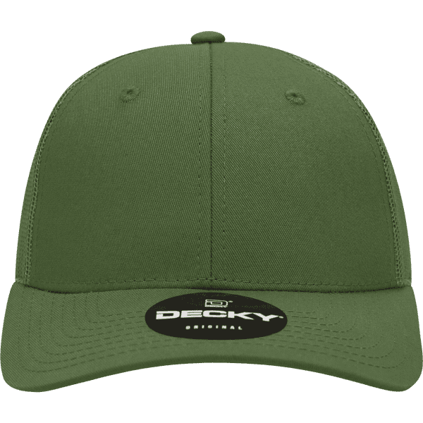 A green, low-profile structured trucker cap featuring a logo on the front.