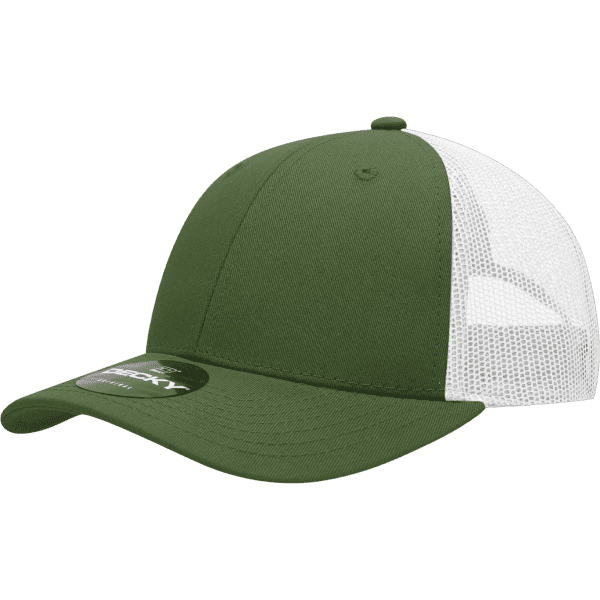 A low-profile cotton trucker cap in olive green with a white mesh back and a logo on the front.