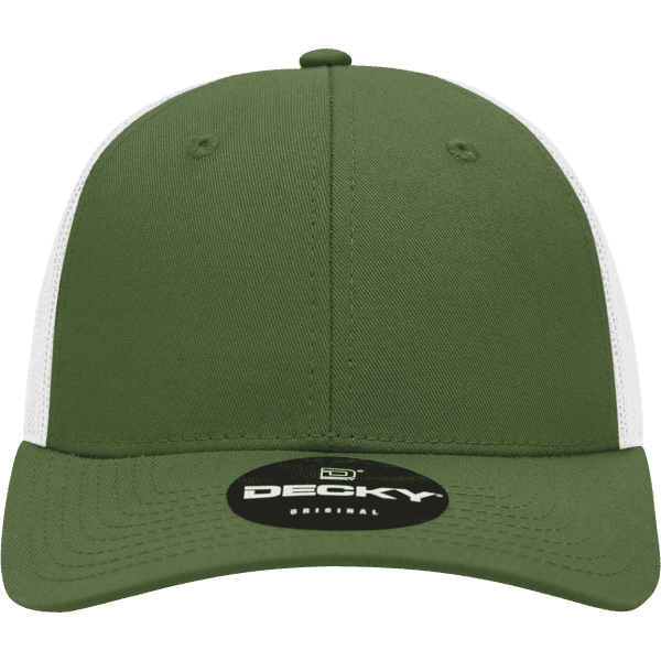 A green low-profile structured trucker cap with white mesh panels and a branded label on the front.