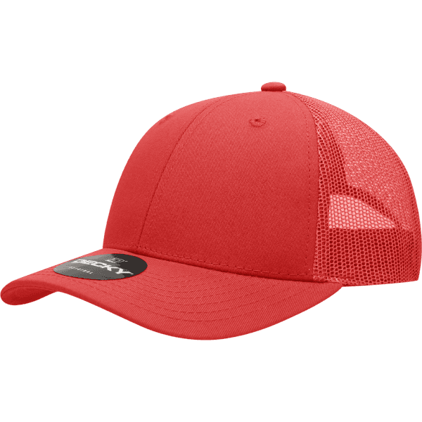 A red 6 Panel Low Pro Cotton Trucker cap with a mesh back and a logo on the front.